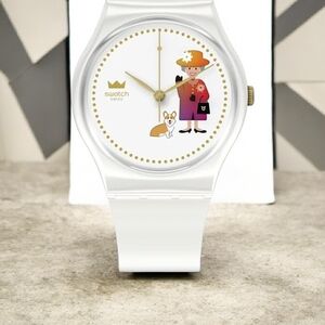 Swatch White Watch with Queen and Corgi Design